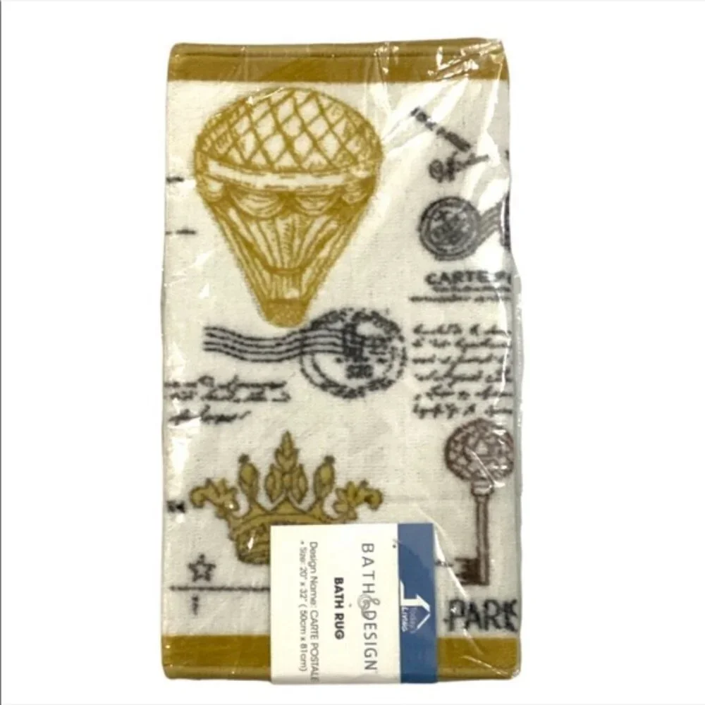 Paris Eiffel Tower French Bath Mat Rug Rectangle White Gold Multi 20 in x 32 in